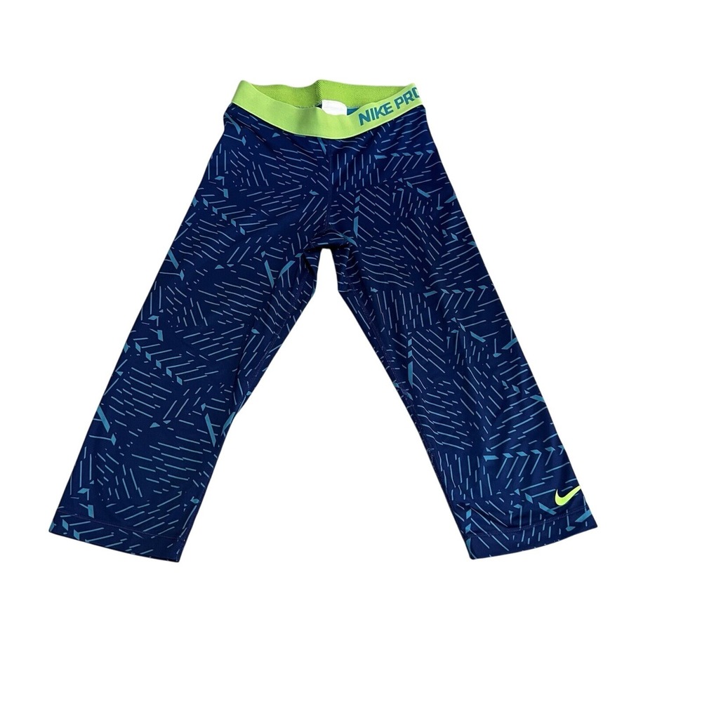 Nike Pro Girls' Capri Leggings Blue Geometric‎ Print Activewear Athletic
